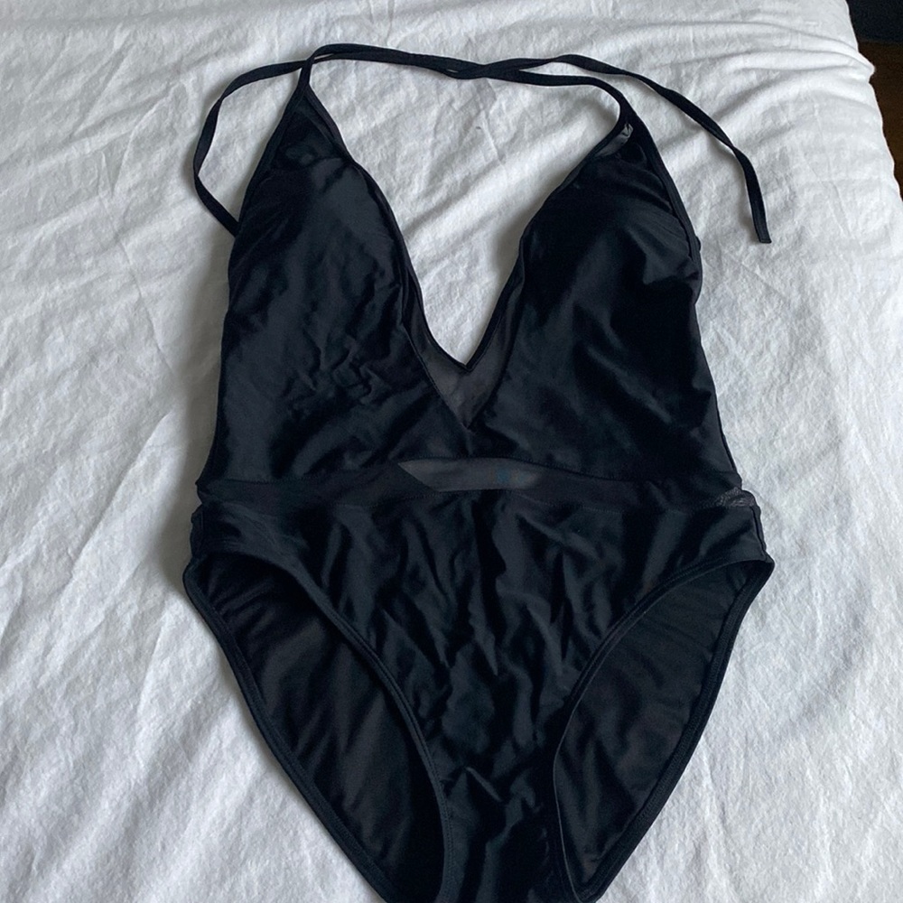 EXPRESS SWIM Black Halter one piece with sheer detail